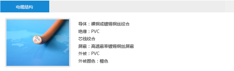 電纜結構： 導體：裸銅或鍍錫銅絲絞合 絕緣：PVC 芯線絞合 屏蔽：高遮蔽率鍍錫銅絲屏蔽 外被：PVC 外被顏色：橙色