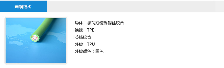 電纜結構： 導體：裸銅或鍍錫銅絲絞合 絕緣：TPE 芯線絞合 外被：TPU 外被顏色：黑色